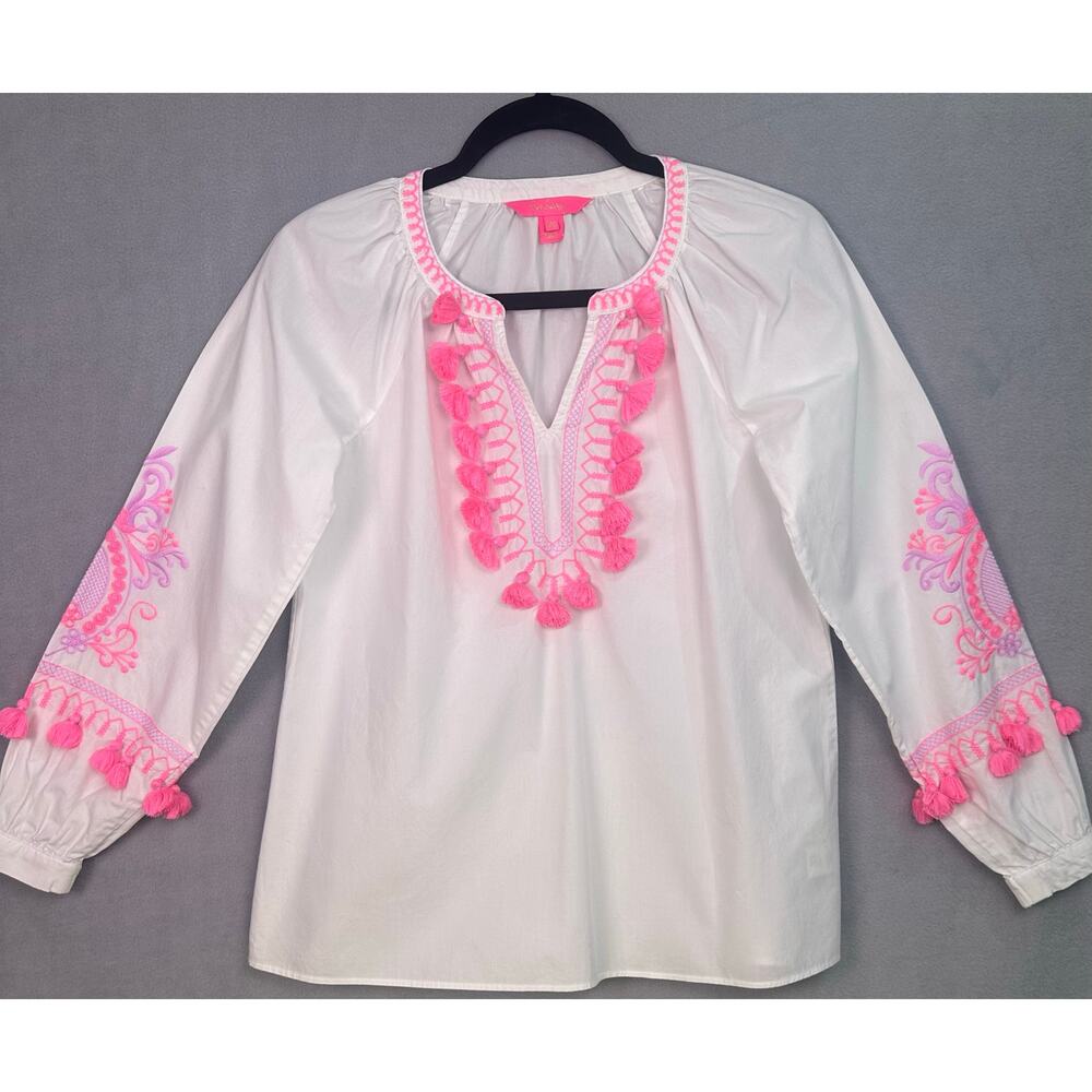 NWOT Lilly Pulitzer Kaydence Tunic Top Resort White Pink Tassel Trim Size XXS - Picture 3 of 11